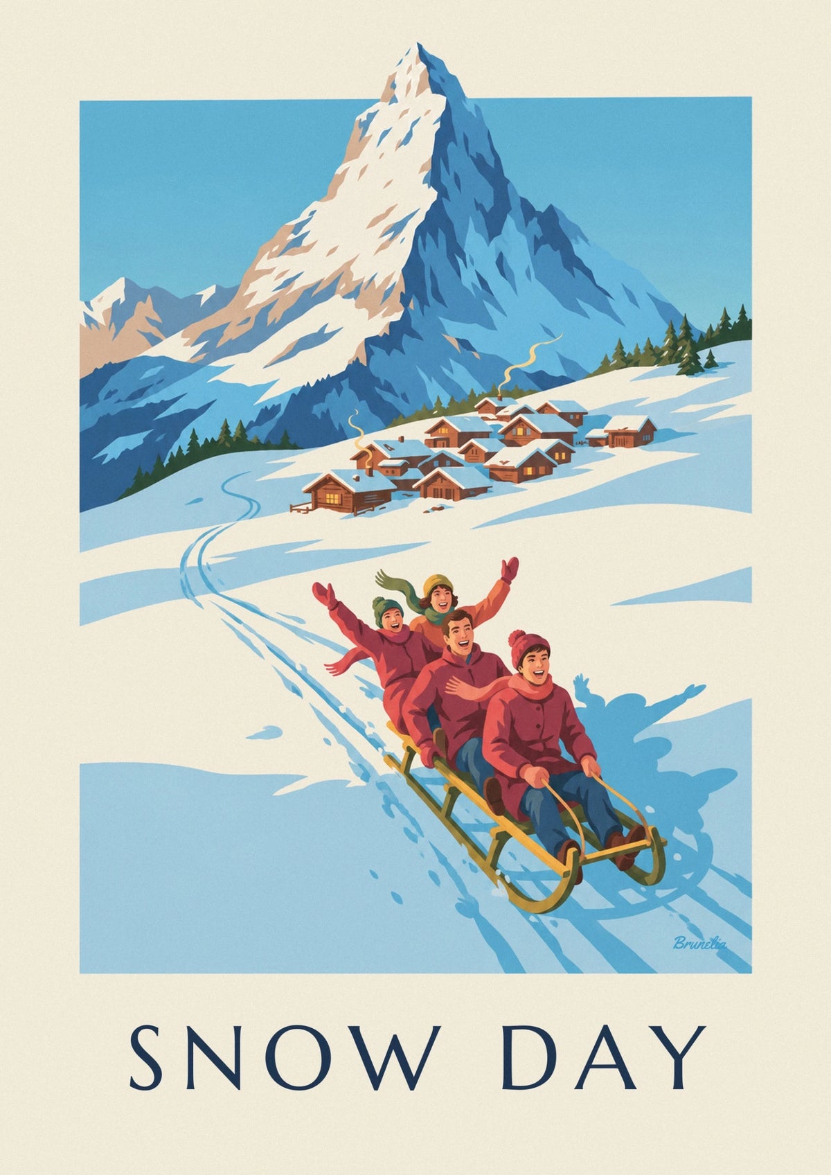 Affiche famille en luge sur une pente enneigée
