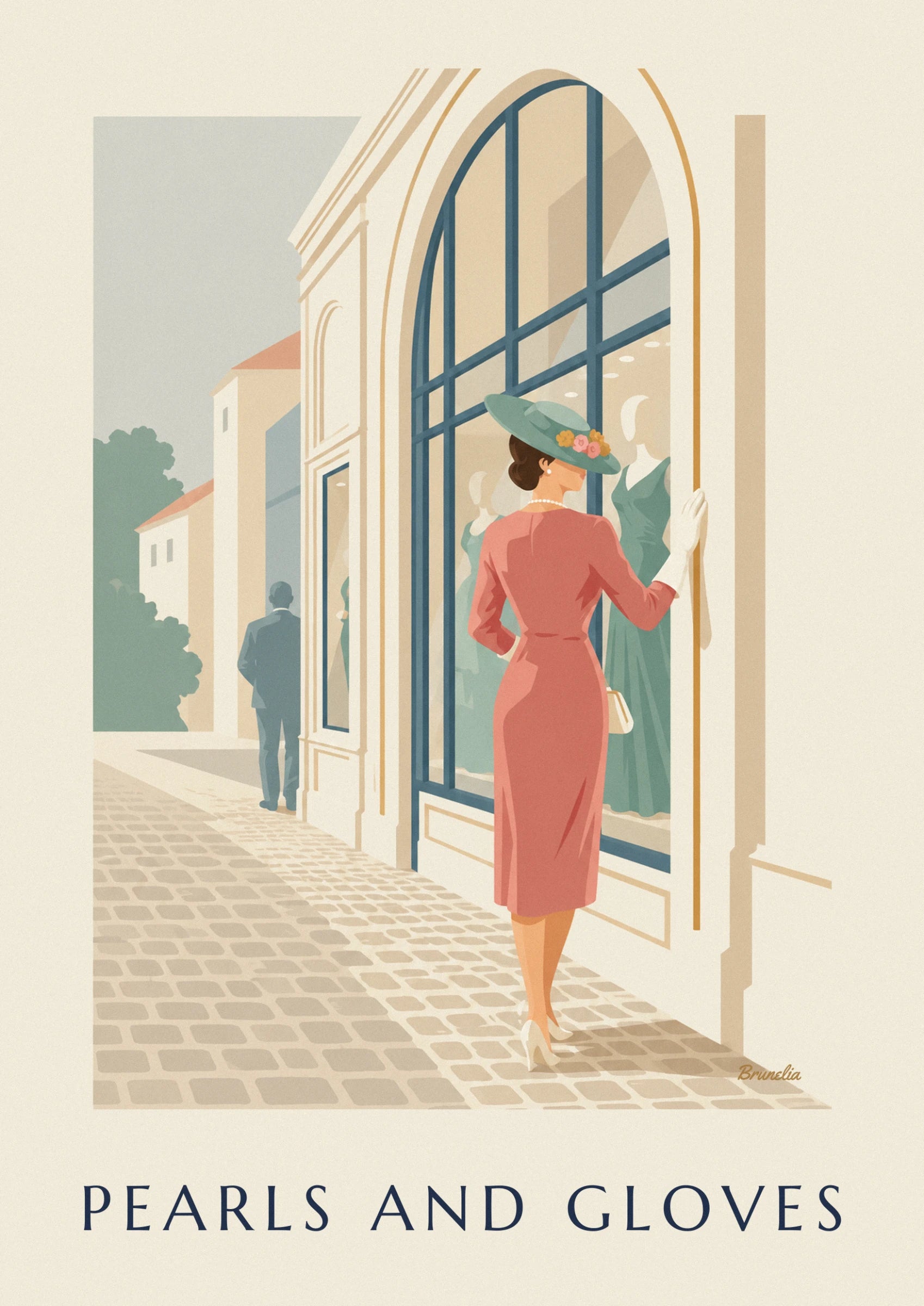 La femme de dos, chapeau vert fleuri et gant blanc, devant la vitrine