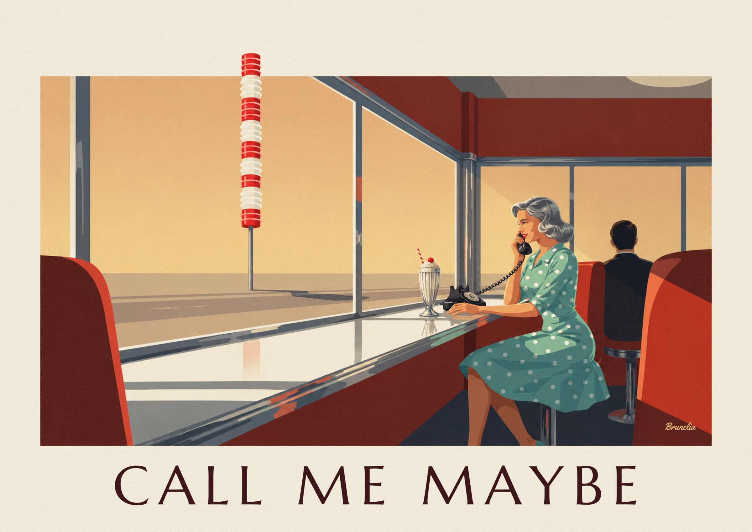 A woman in a green dress with white polka dots using a black telephone, seated at the diner counter