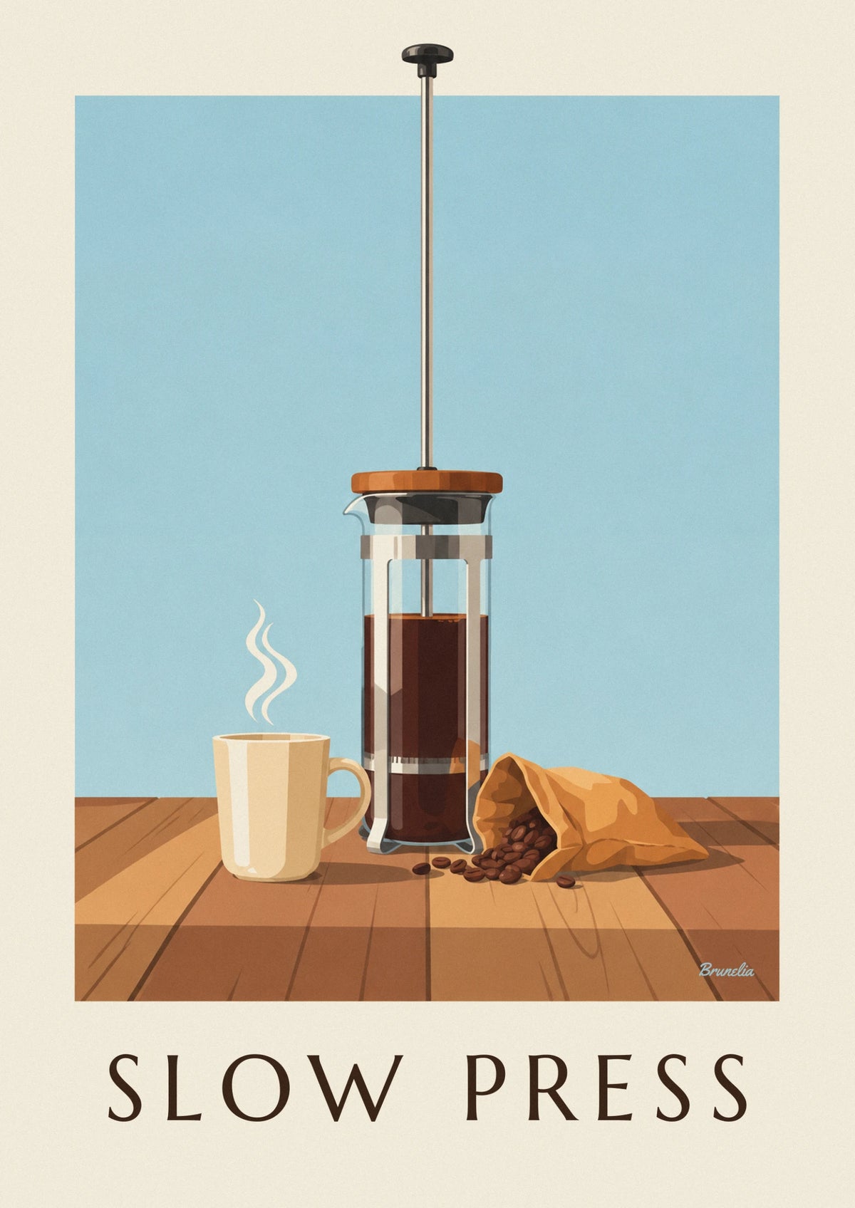French press coffee maker on a rustic wooden table poster