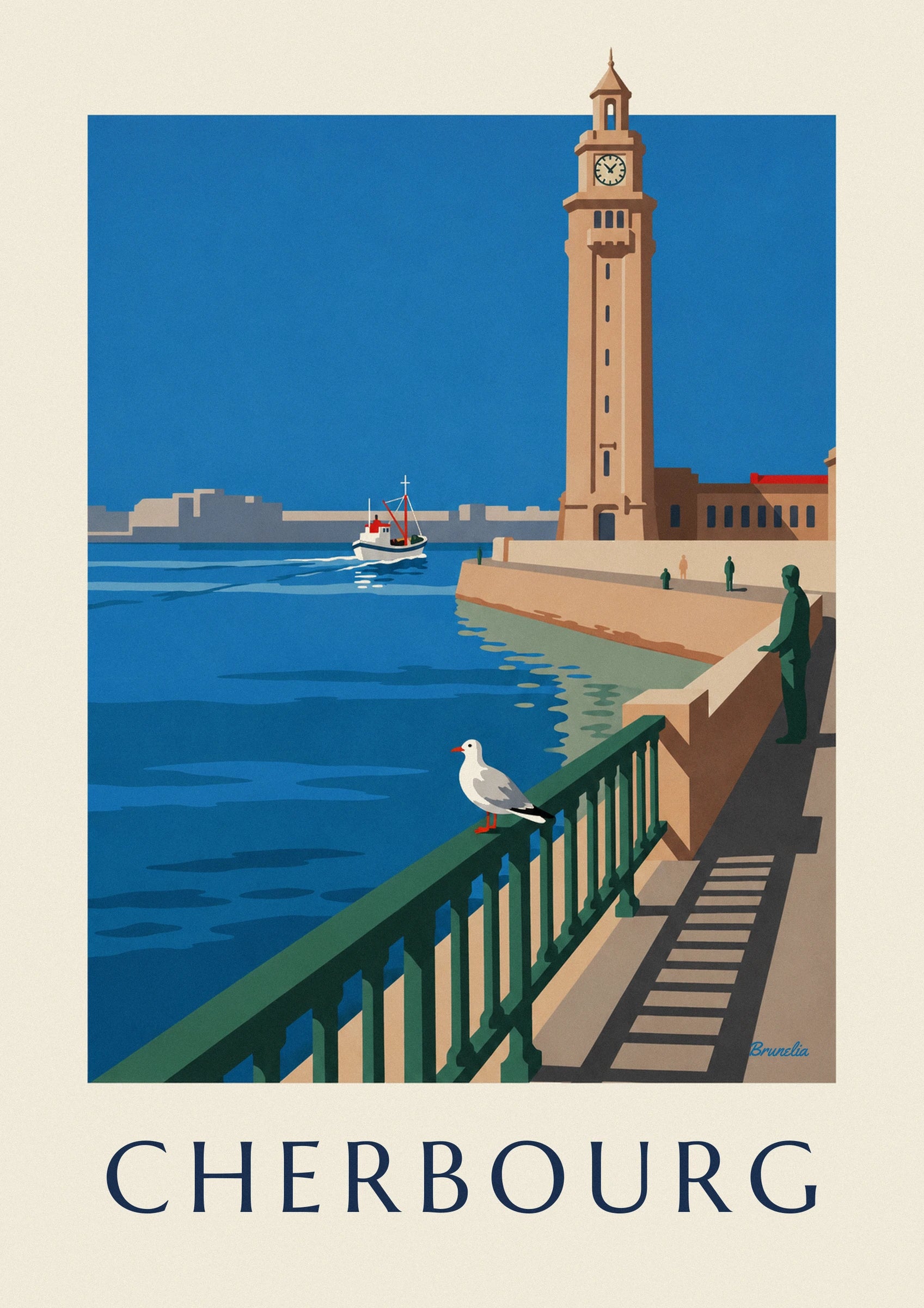 La tour ocre de la gare maritime de Cherbourg et son horloge sur fond bleu