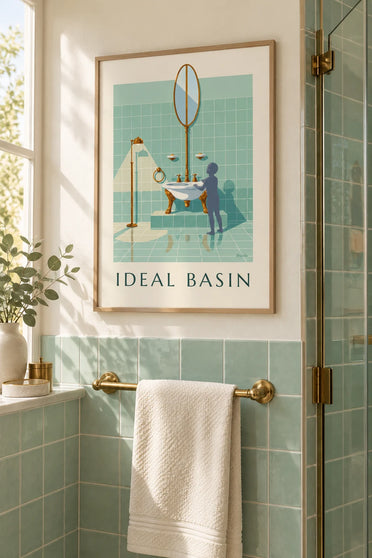 Poster porseleinen wastafel op pootjes voor de badkamer: ingelijst aan de muur