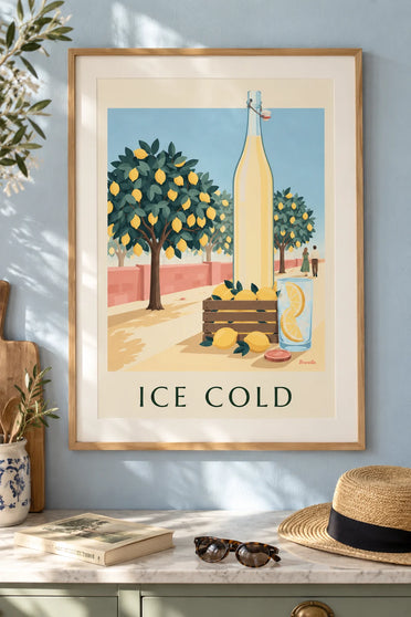Lemonade bottle and crate of lemons in the orchard poster: framed on the wall