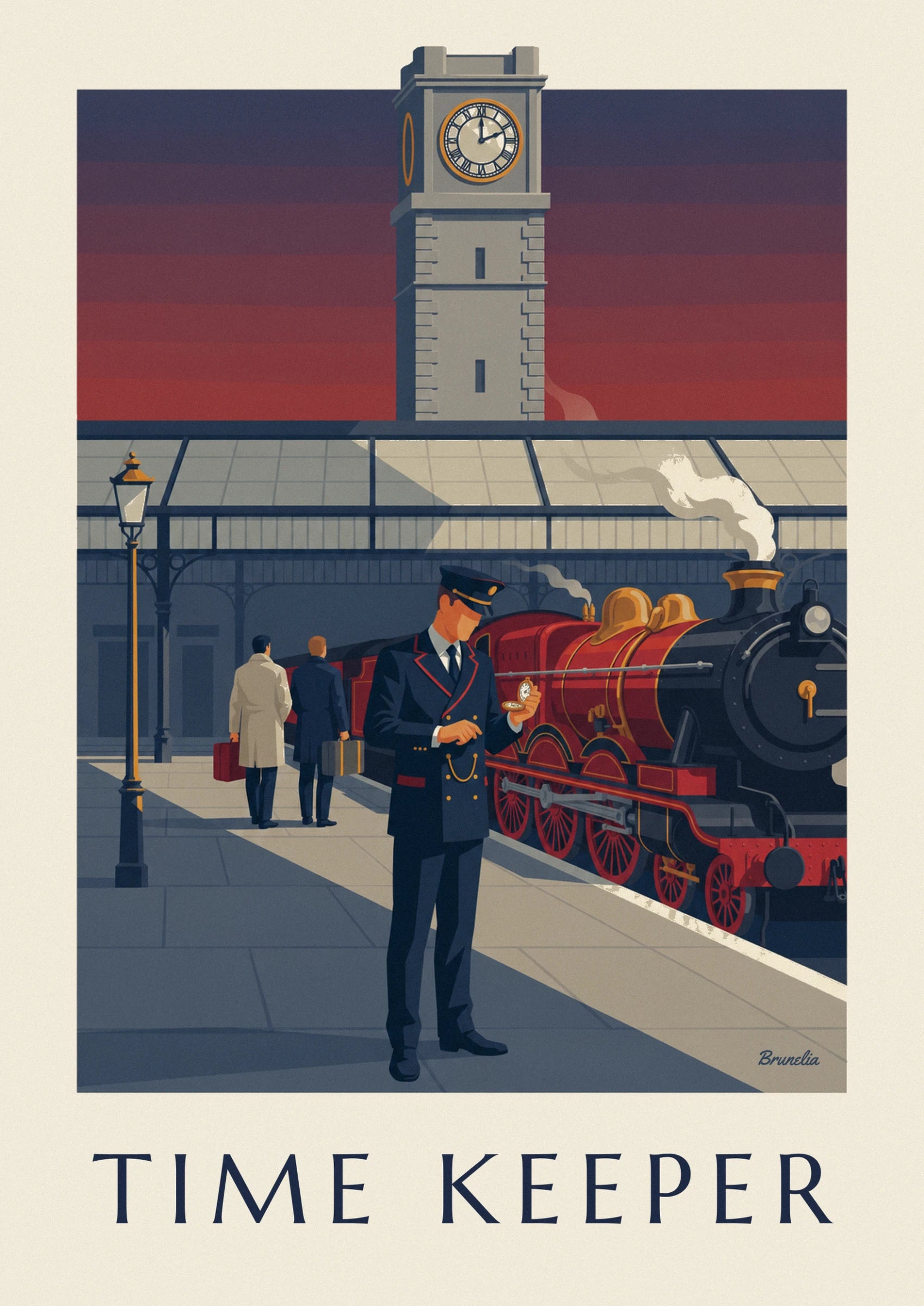 Le chef de gare en uniforme bleu marine consulte sa montre à gousset, devant la locomotive rouge