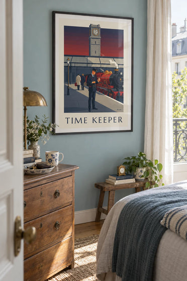 Poster of a station master and pocket watch on a platform: framed on the wall
