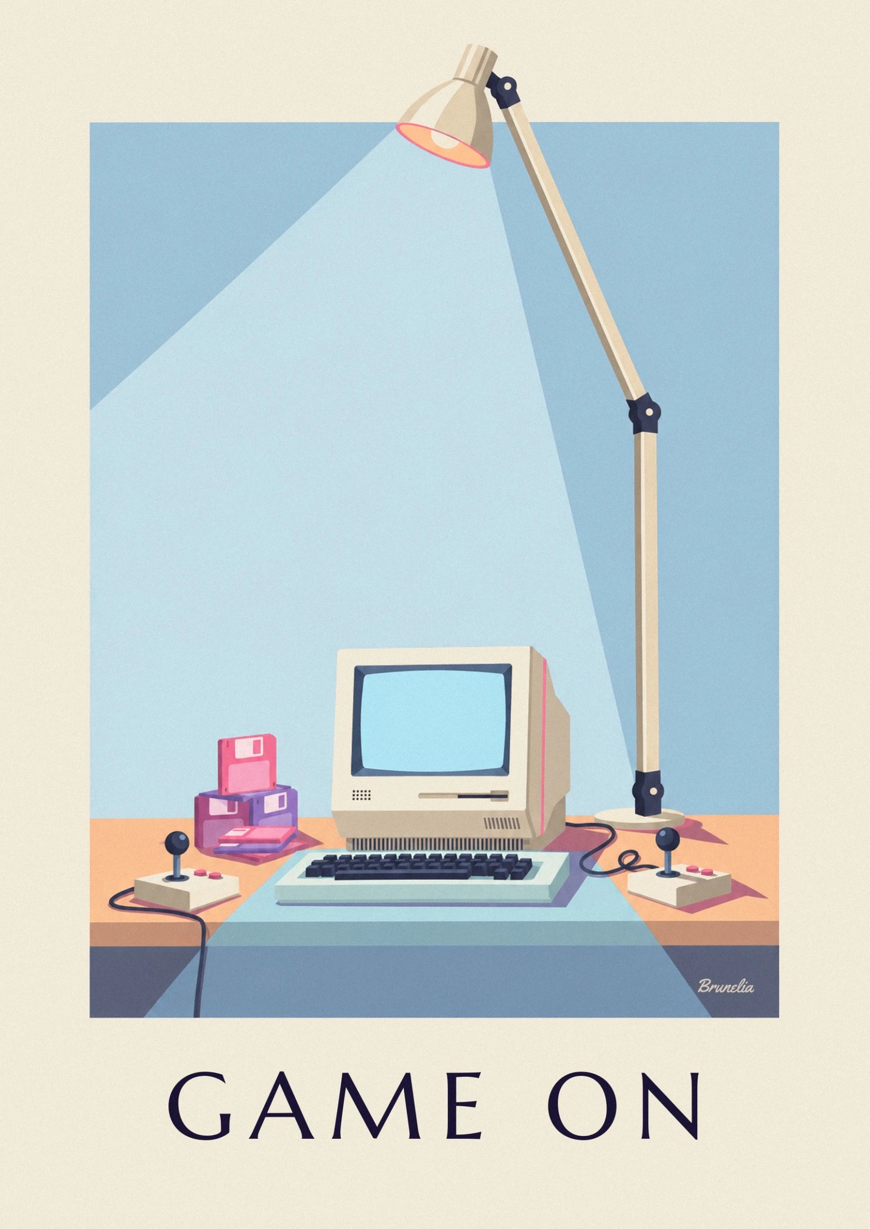 Der beige Computer mit blauem Bildschirm und der Tastatur mit dunklen Tasten