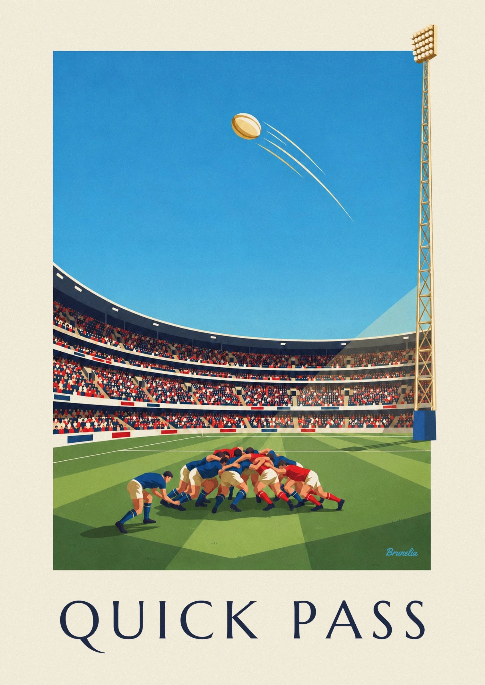 Rugby-Poster: Scrum-Half wirft den Ball aus dem Gedränge: Detail in Nahaufnahme