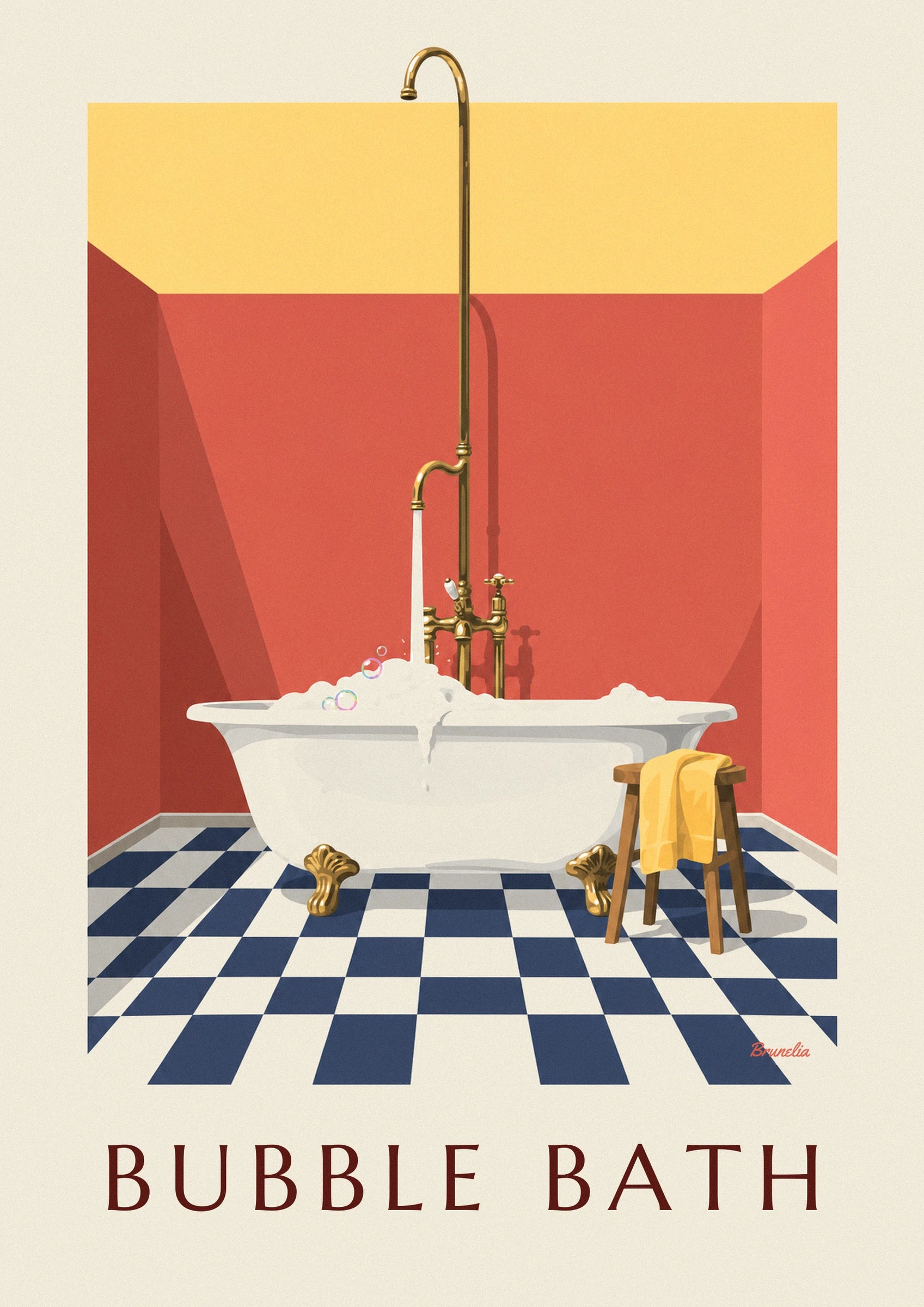 Der goldene Messinghahn und sein Wasserstrahl, der den Schaum überquellen lässt, vor einer roten Wand