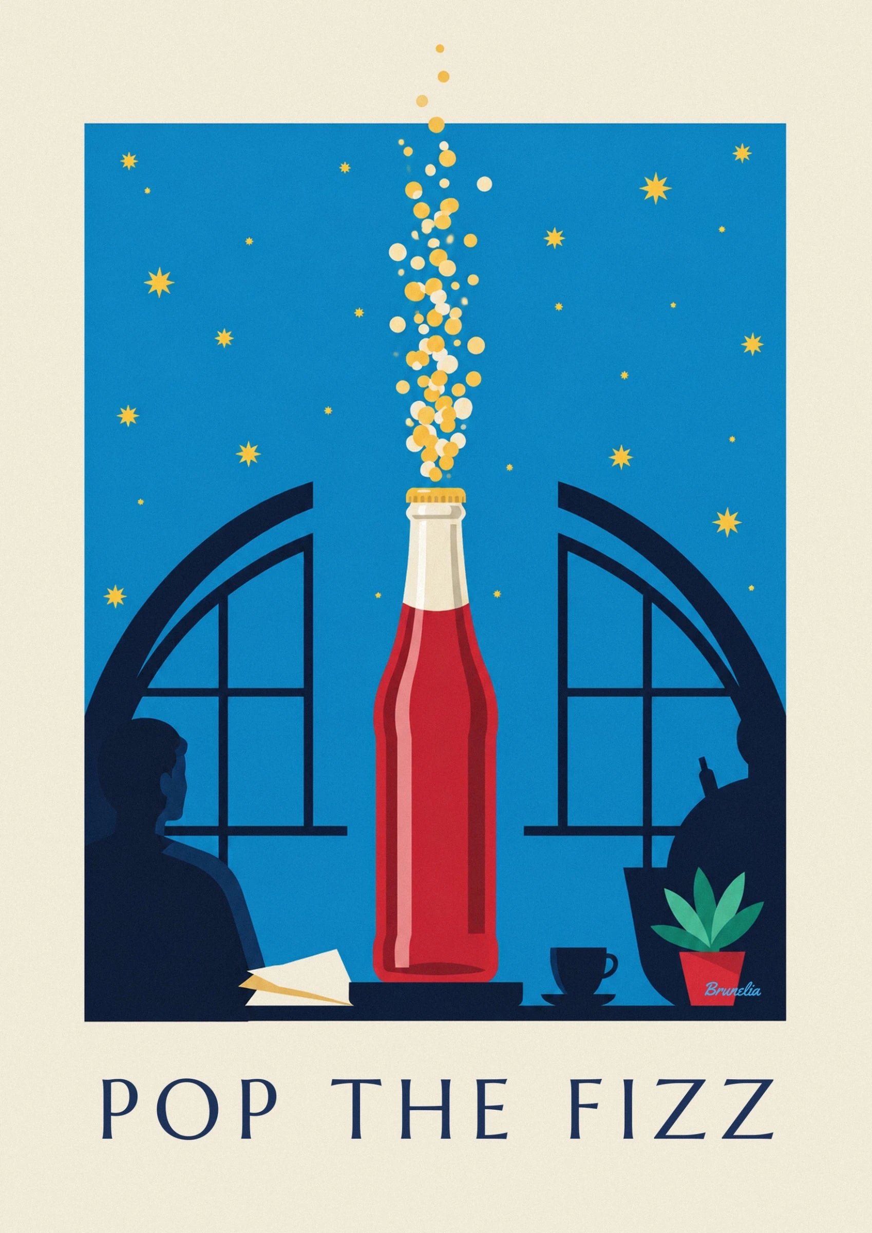 Affiche bouteille de soda pétillant sous un ciel étoilé : détail en gros plan