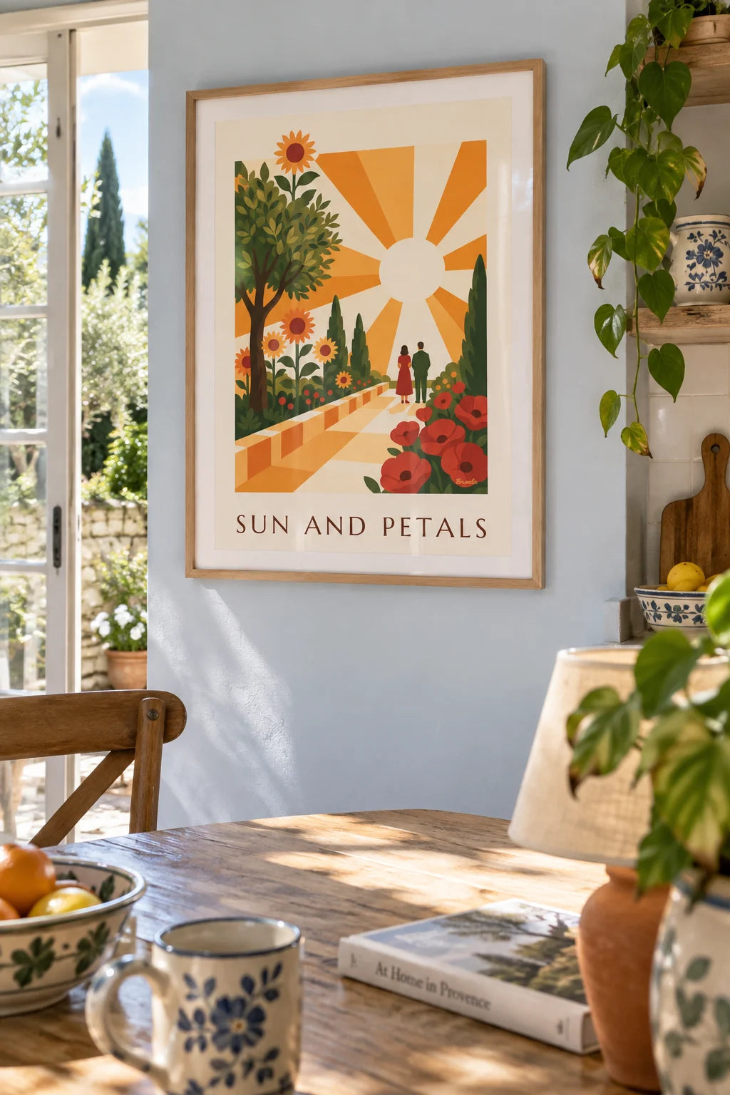 Mise en situation de Affiche soleil rayonnant et fleurs géométriques stylisées