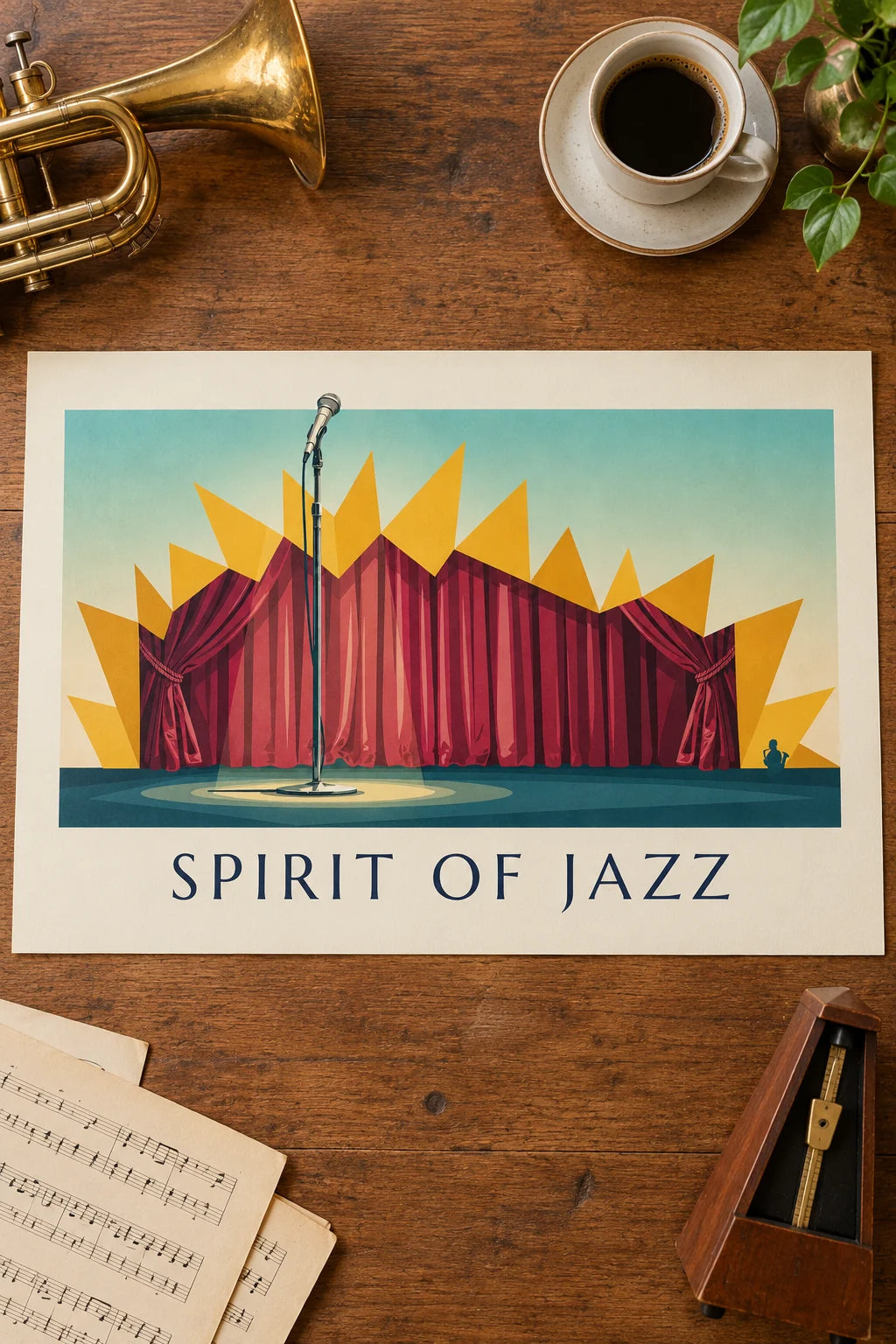 Wohnzimmer: Poster Mikrofon auf der Bühne eines Jazzclubs, Spirit of Jazz im Raum