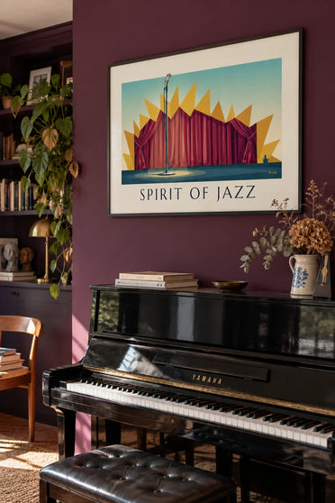 Affiche microphone sur scène de club de jazz, Spirit of Jazz : encadrée au mur
