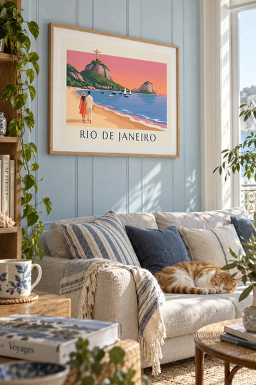 Poster of a couple on Botafogo beach facing Sugarloaf Mountain in Rio: framed on the wall