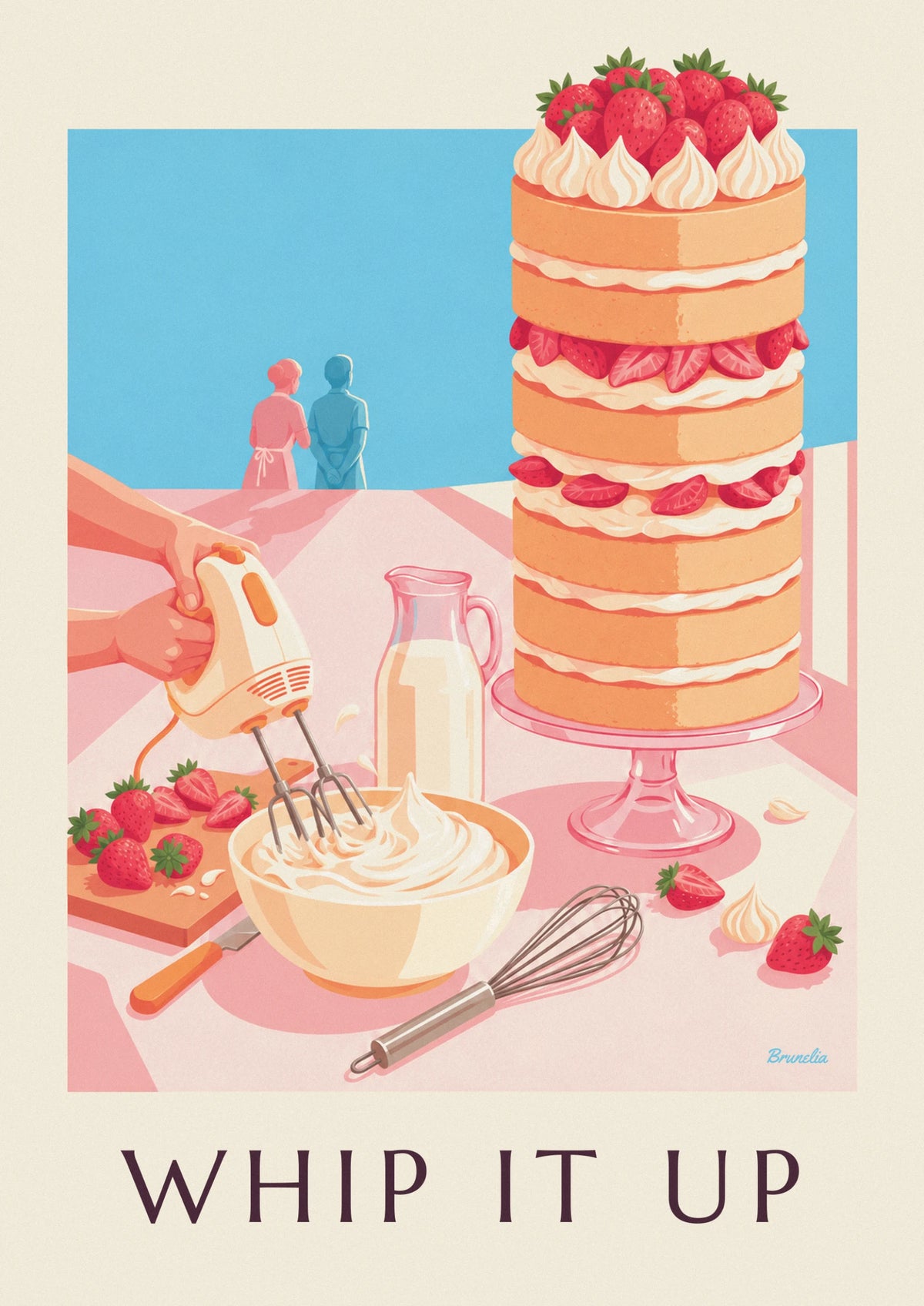 Affiche batteur à main, crème fouettée et gâteau aux fraises