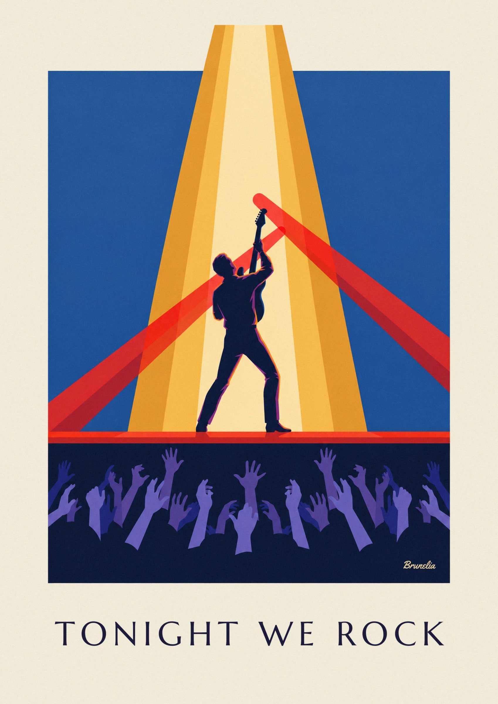Le guitariste en silhouette sombre, guitare levée sous les faisceaux jaunes et rouges