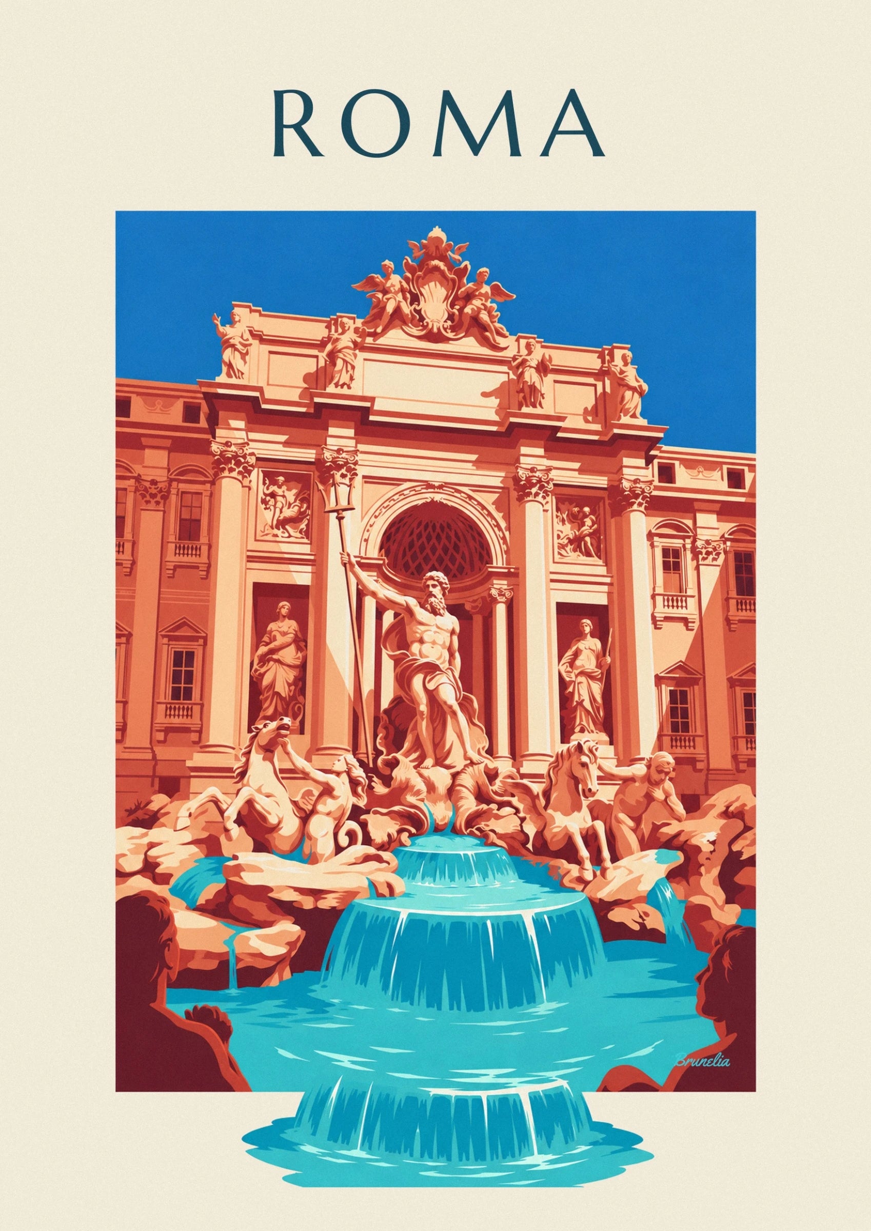 Neptune barbu, le bras levé, devant les colonnes crème de la fontaine de Trevi