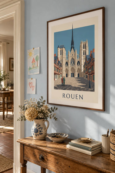 Poster Kathedrale Notre-Dame von Rouen und Fachwerkhäuser: gerahmt an der Wand