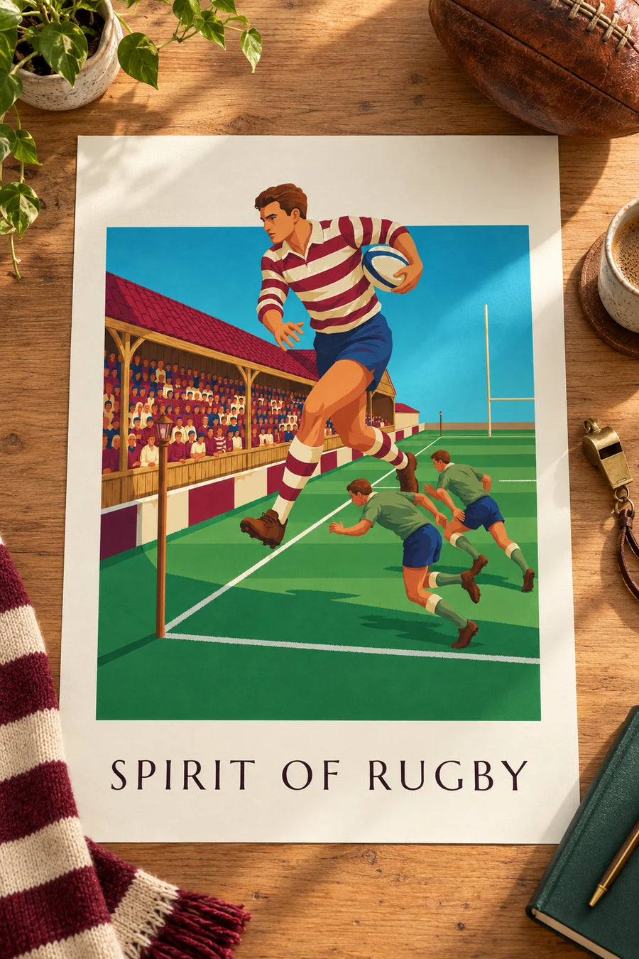 Affiche joueur de rugby sprintant le long de la touche : posée sur une table