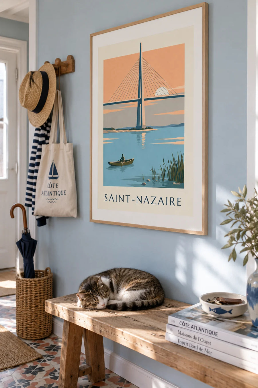 Poster of the Saint-Nazaire bridge and a rowboat on the estuary: framed on the wall