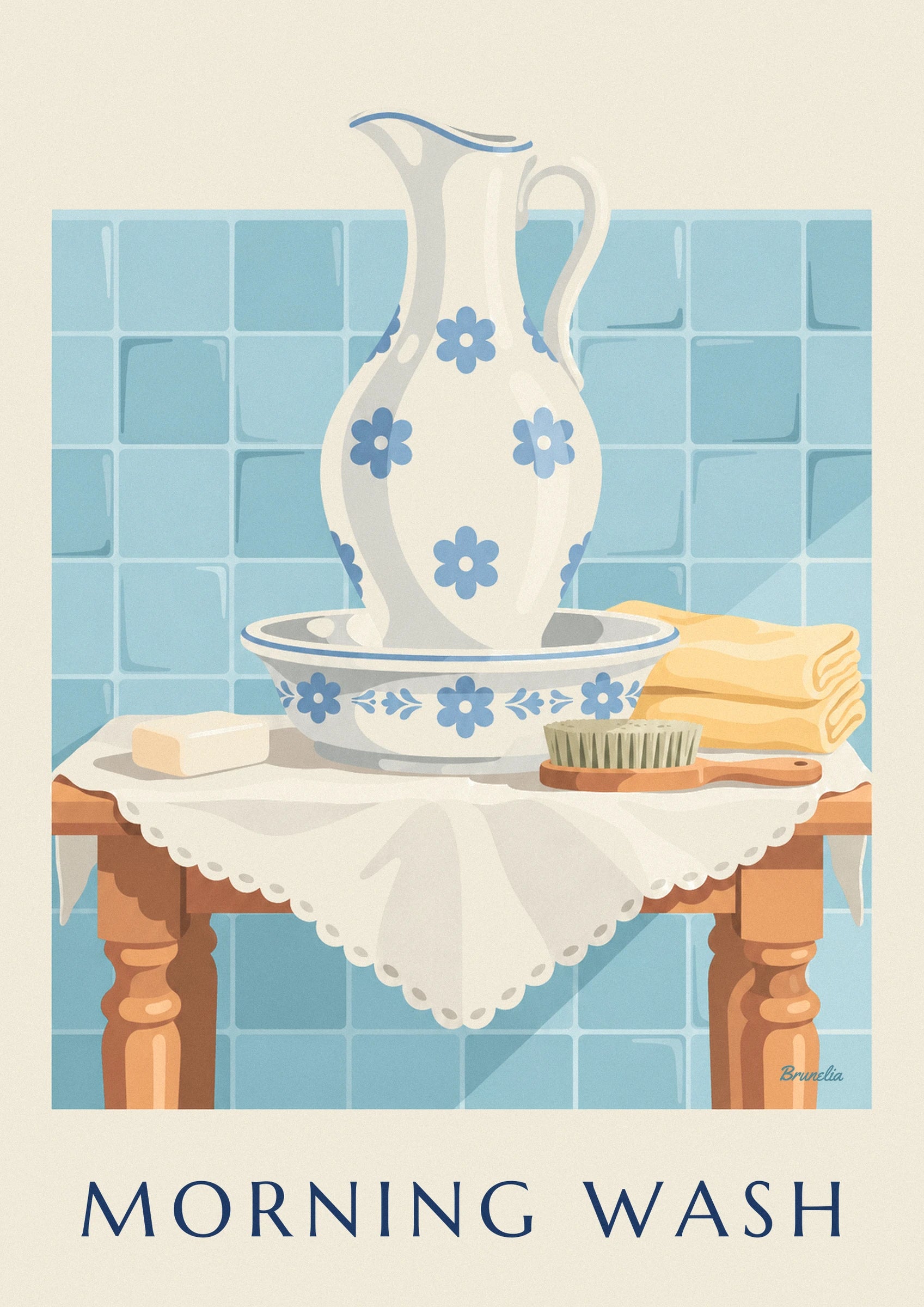 The cream earthenware jug with blue flowers, sitting in its matching basin
