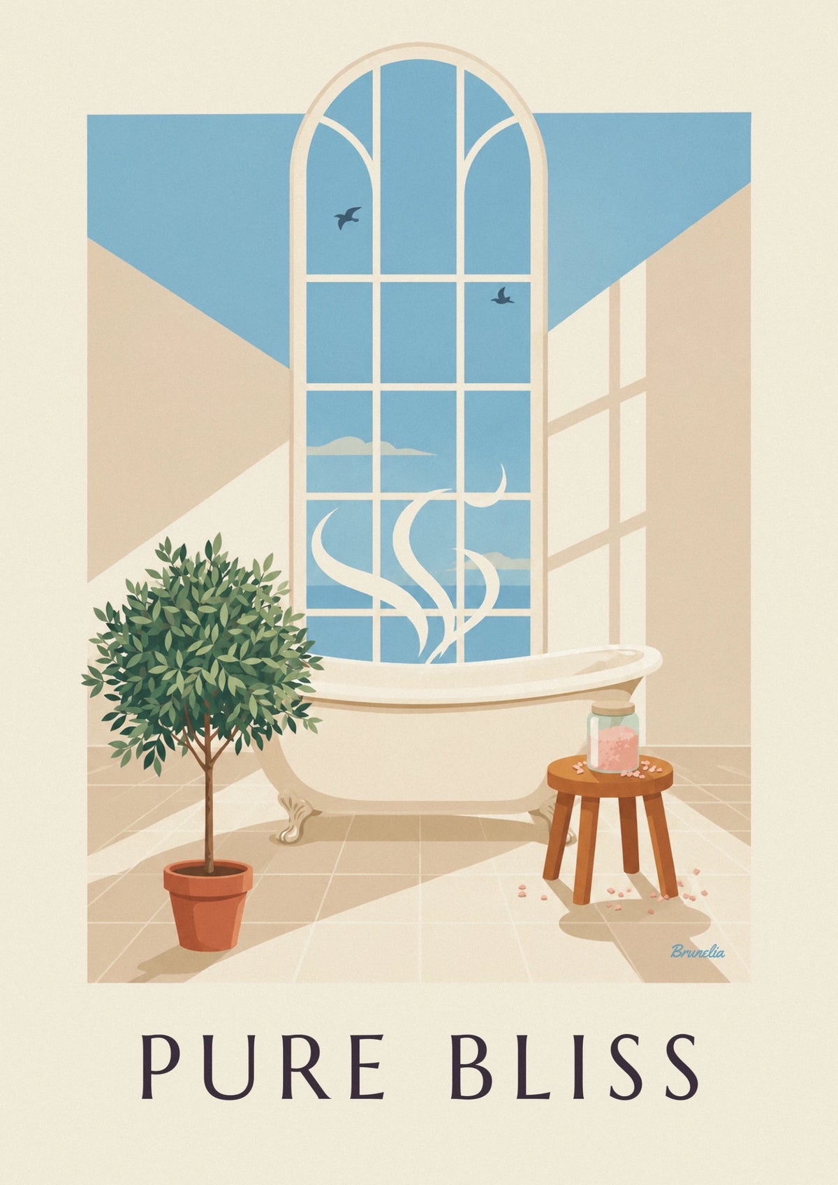 Affiche baignoire, sels de bain et pétales de rose