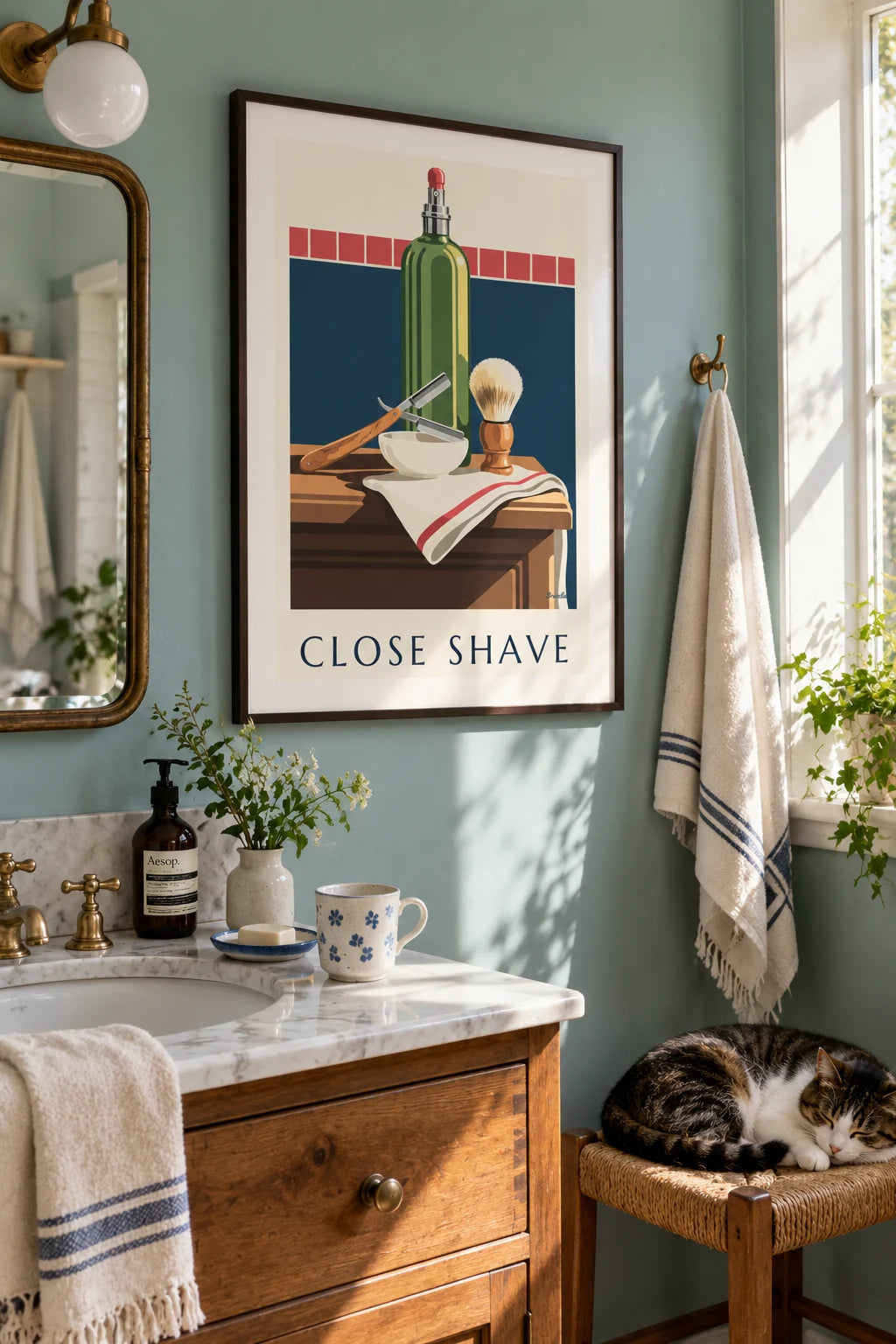 Mise en situation de Affiche rasoir coupe-chou, blaireau et flacon d'après-rasage