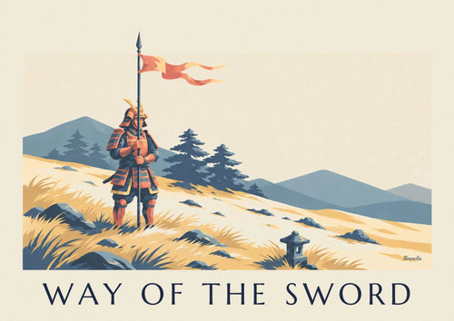 Affiche guerrier samouraï en armure, façon estampe japonaise : l'affiche entière
