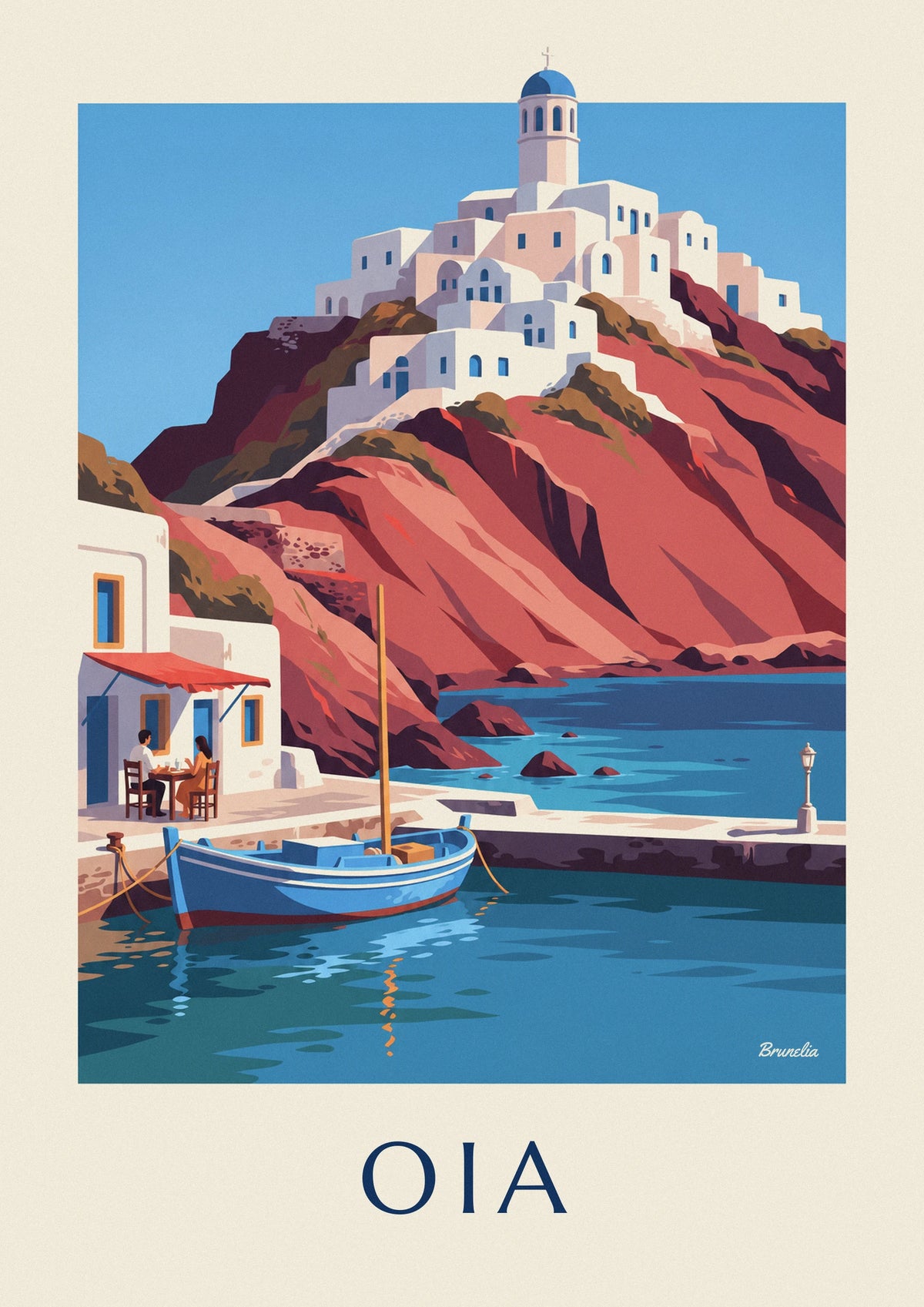 Affiche barque bleue au port d'Ammoudi sous le village d'Oia