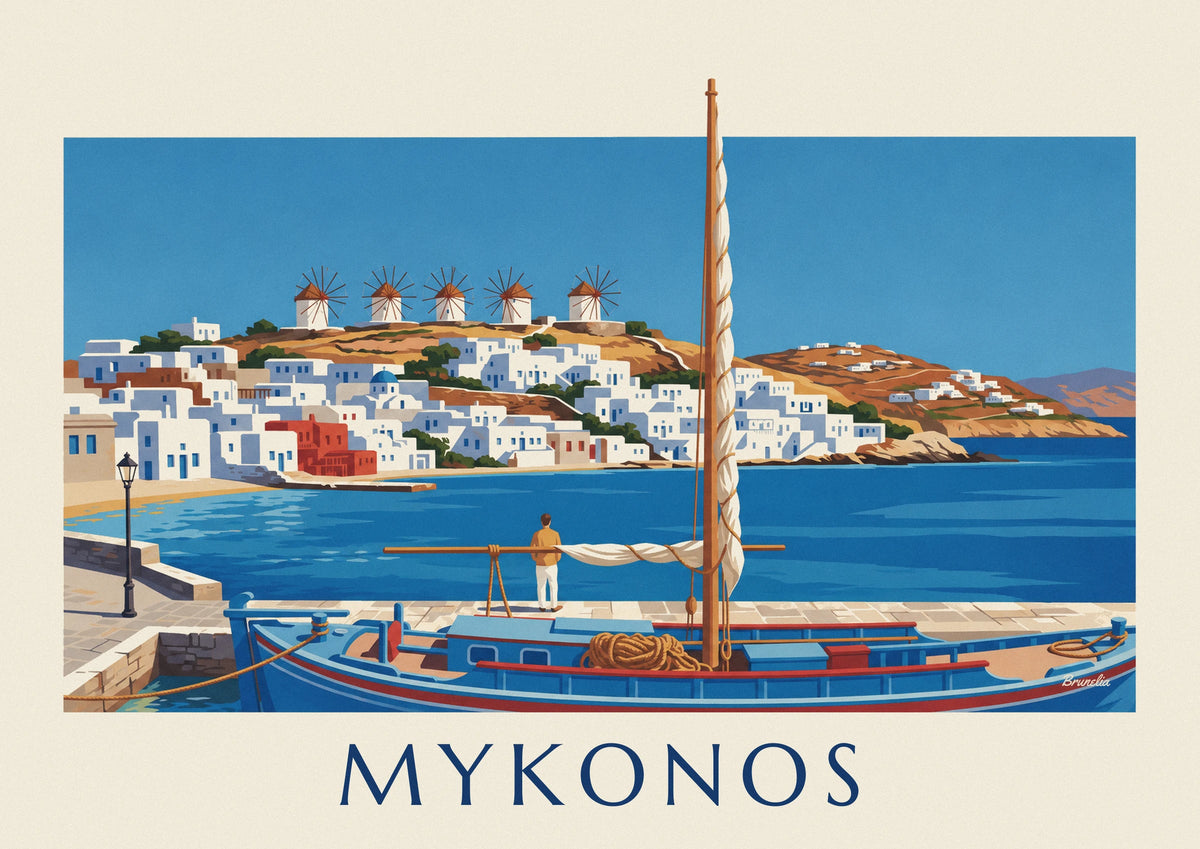 Affiche caïque au port de Mykonos face aux moulins de Kato Mili