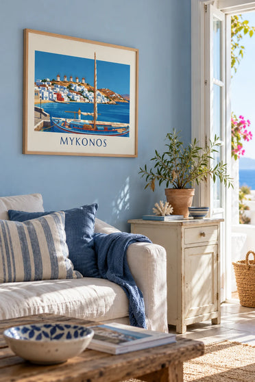 Affiche caïque au port de Mykonos face aux moulins de Kato Mili : encadrée au mur