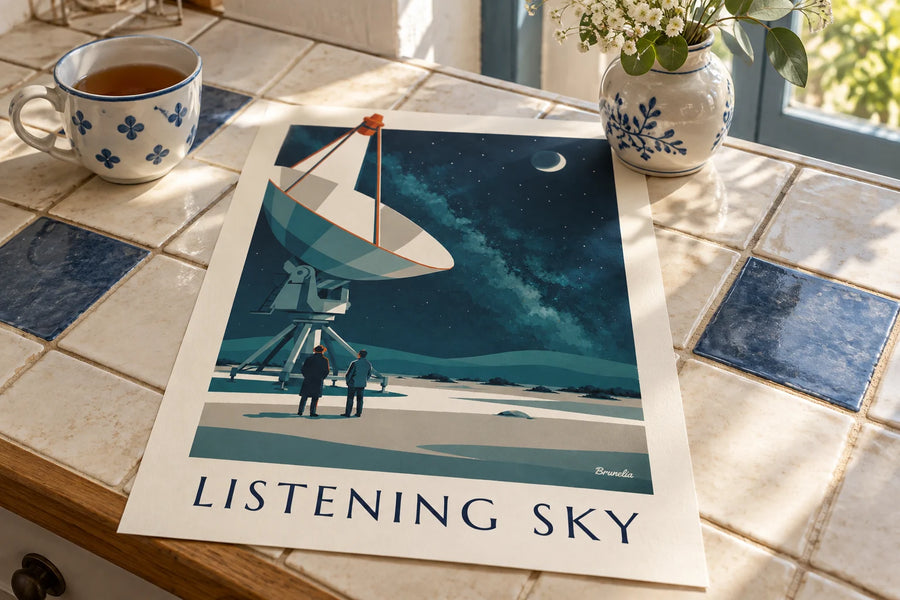 Poster Radioteleskop Richtung Sternenhimmel in der Wüste: auf einem Tisch abgestellt