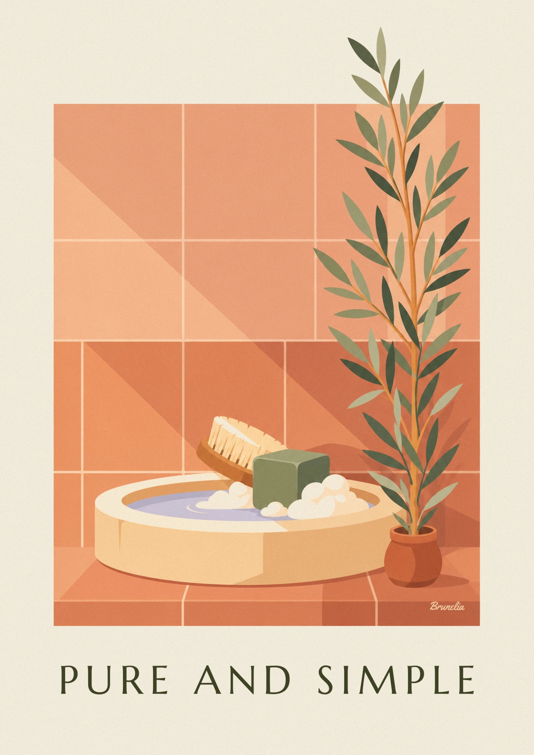 Le cube de savon vert et la brosse en bois dans une vasque d'eau couverte de mousse