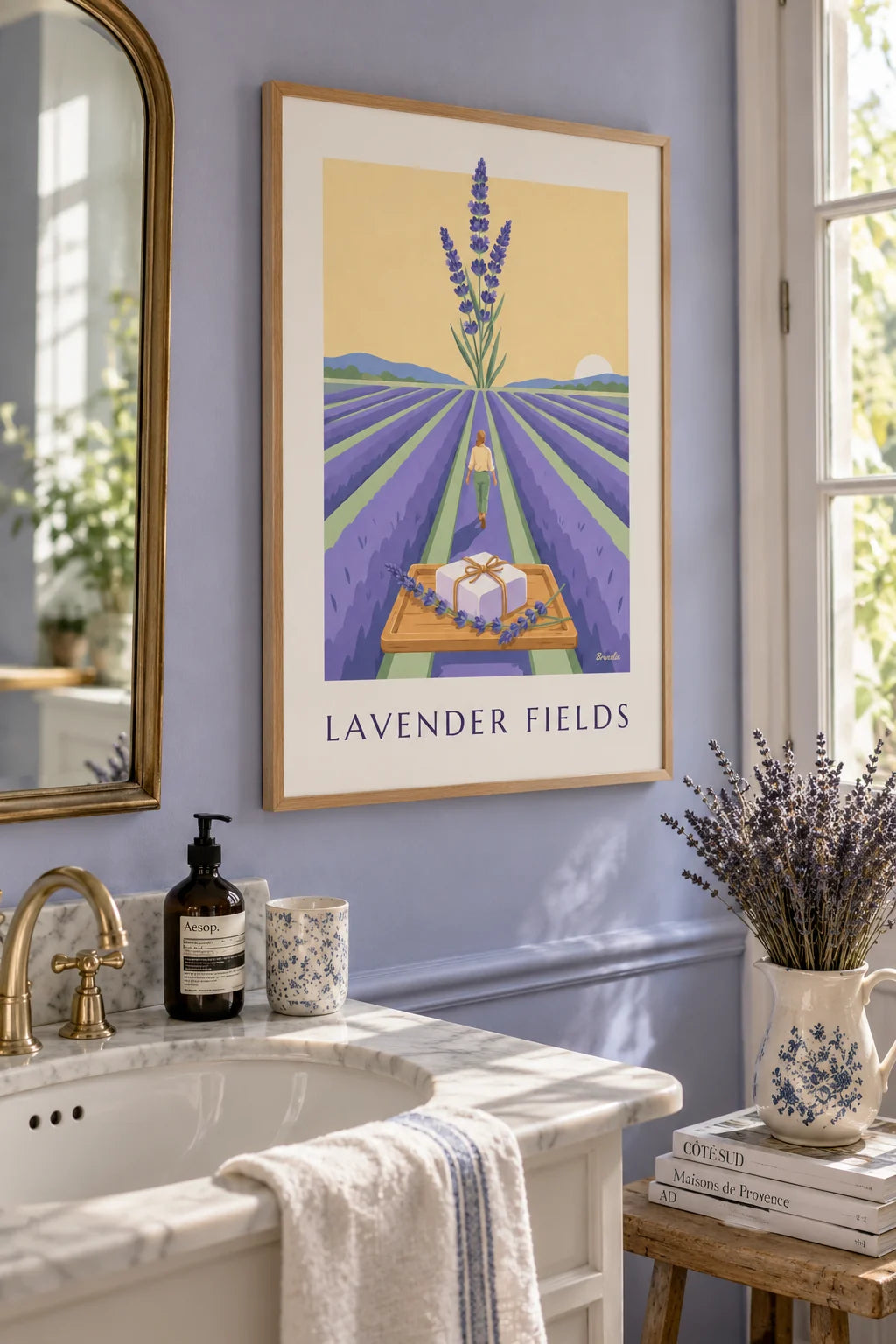 Mise en situation de Affiche savon artisanal à la lavande et champ de lavande