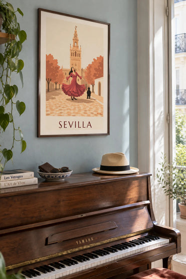 Poster of a flamenco dancer in front of the Giralda in Seville: framed on the wall