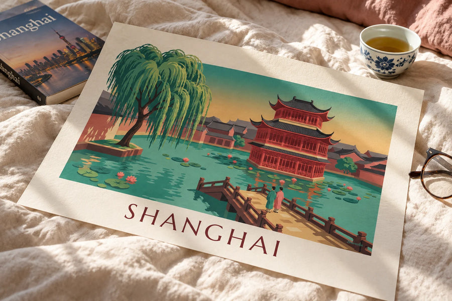 Poster van het theehuis in de Yuyuan-tuin in Shanghai: op een tafel geplaatst