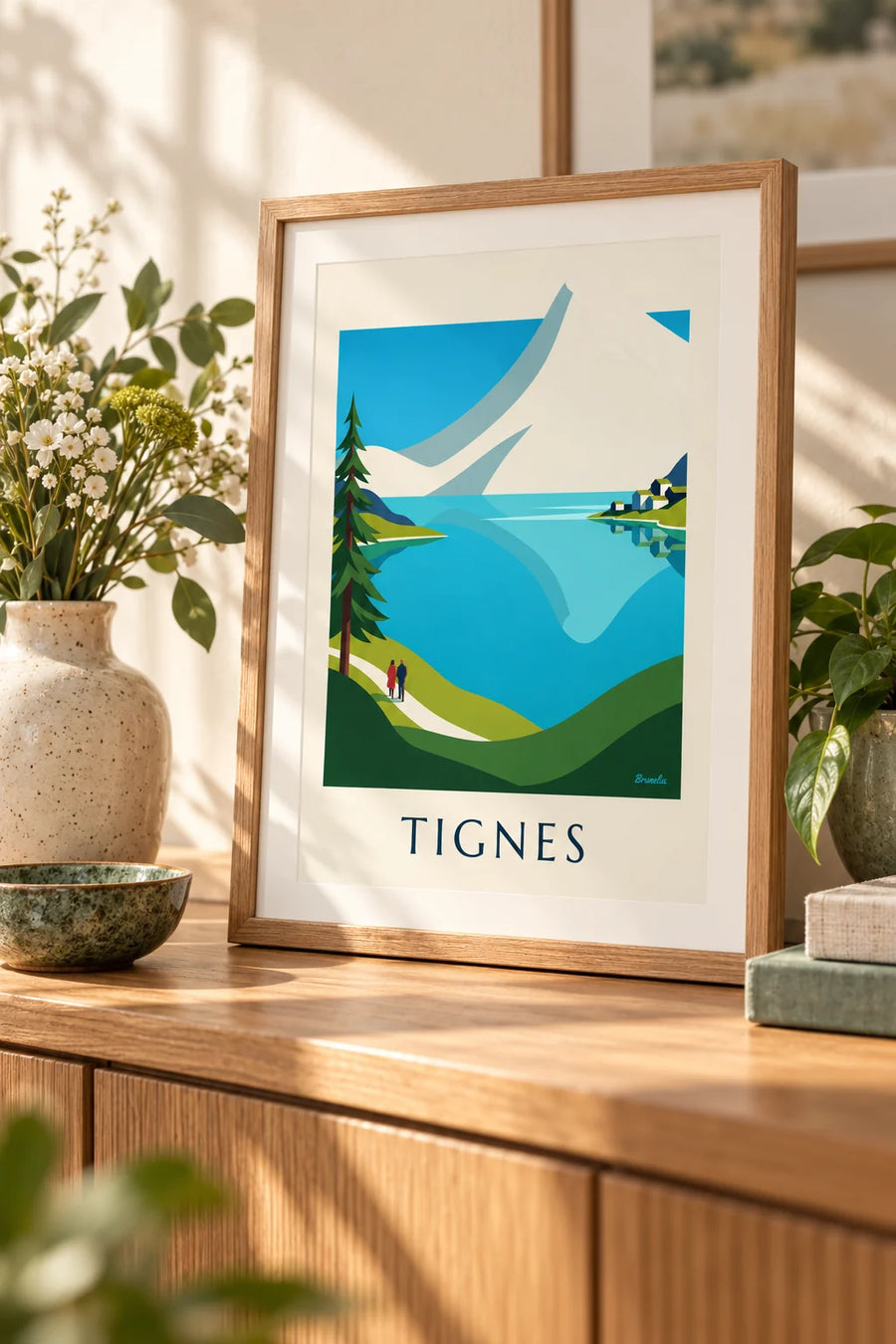Affiche lac de Tignes et sommets enneigés de la Grande Motte : petit format A4 encadré
