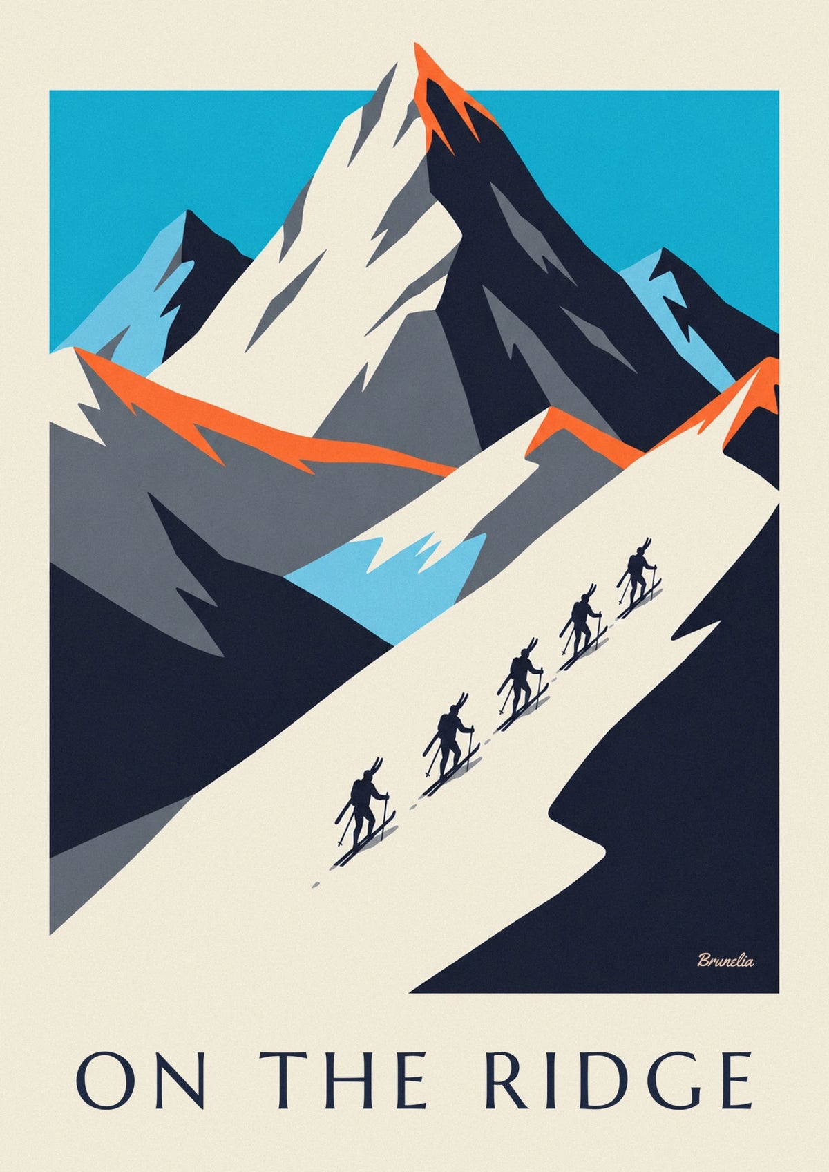 Affiche silhouettes de skieurs en file sur une crête enneigée