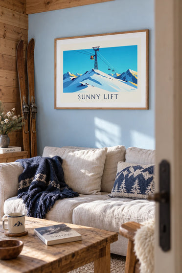 Poster skiërs in een stoeltjeslift in de zon: ingelijst aan de muur