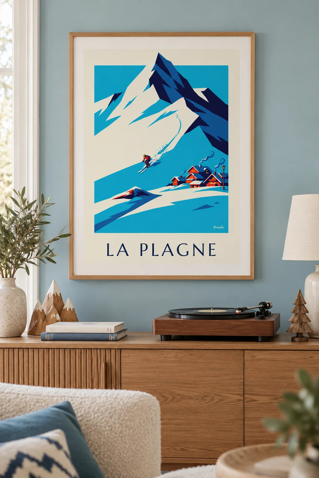 Mise en situation de Affiche skieur dans la descente à La Plagne face à Bellecôte