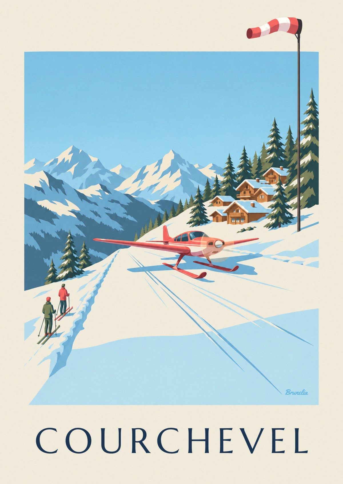 Affiche altiport de Courchevel et petit avion rouge sur la neige