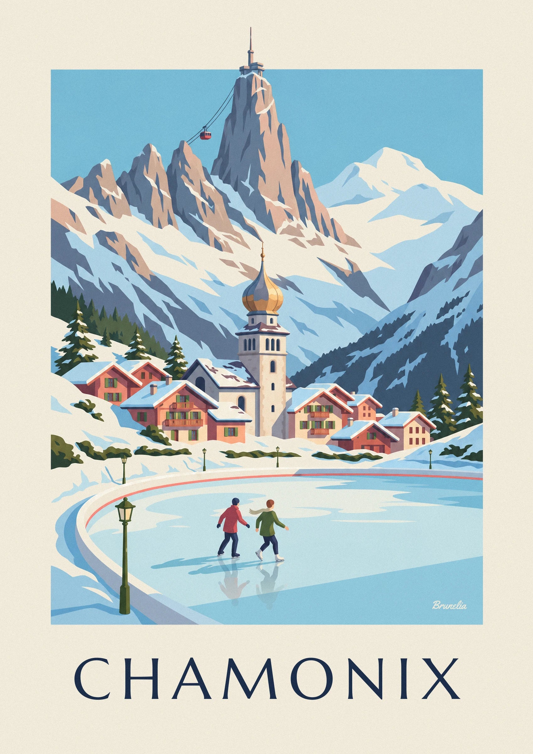 Affiche patineurs sur la patinoire de Chamonix et l'Aiguille du Midi : détail en gros plan