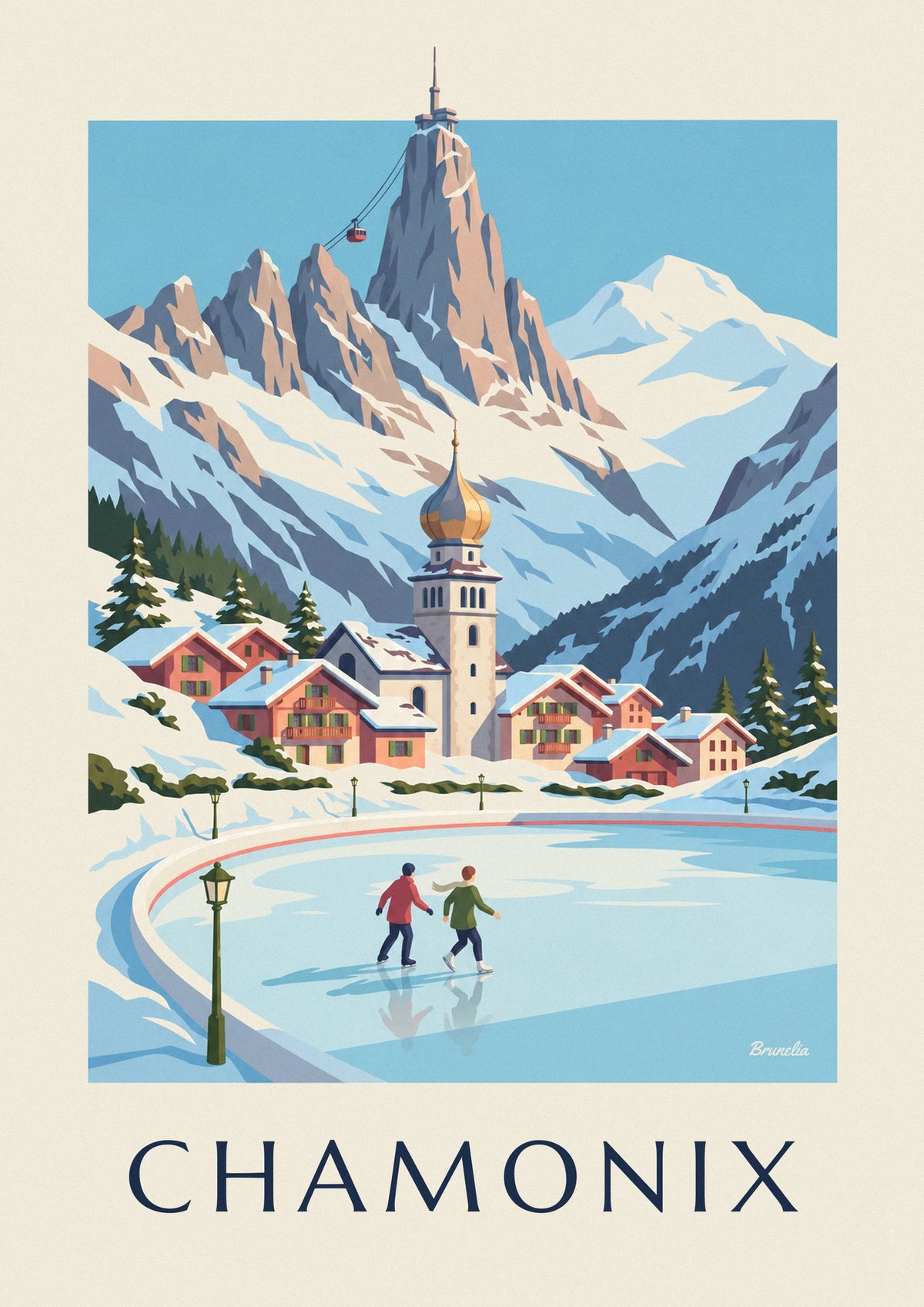 Poster Schlittschuhläufer auf der Eisbahn von Chamonix und die Aiguille du Midi