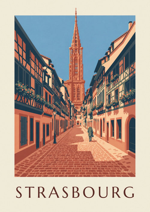 Affiche ruelle pavée et cathédrale du vieux Strasbourg : l'affiche entière