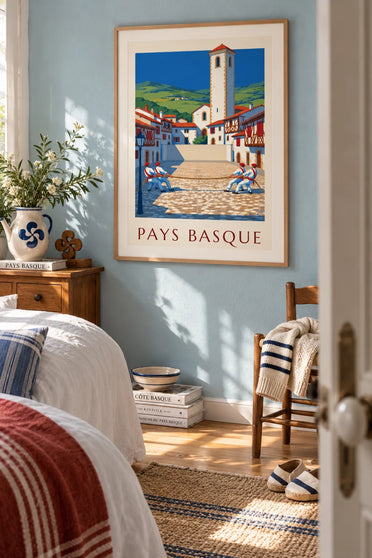Poster van touwtrekken op een plein in het Baskenland: ingelijst aan de muur