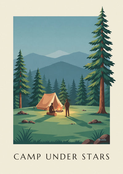 Poster Zelt und Lagerfeuer im Wald am Fuß der Berge: das ganze Poster