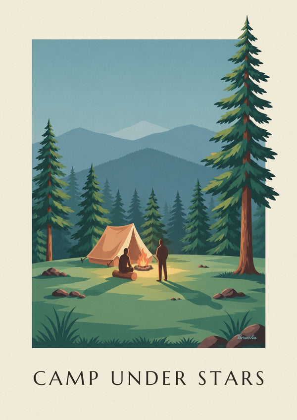 Tent and campfire in a forest at the foot of the mountains poster