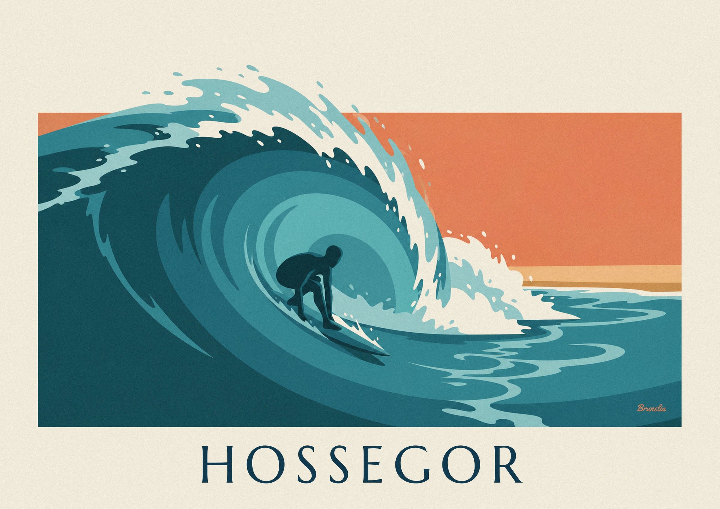 The surfer crouching on his board inside the barrel of a turquoise wave