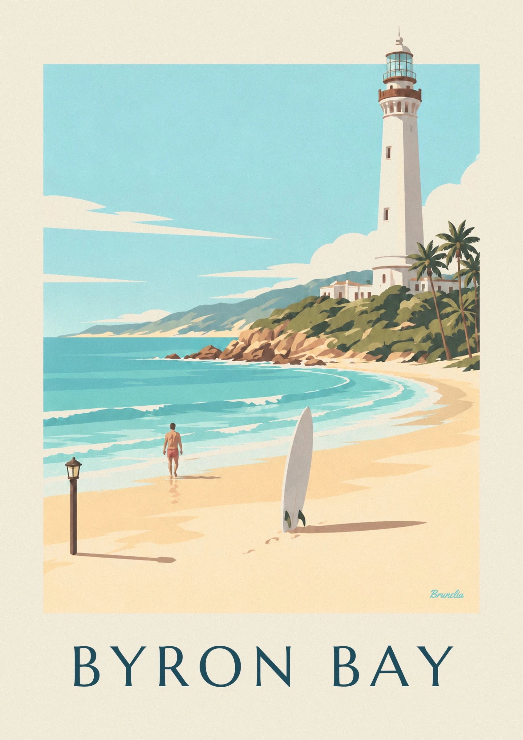Le phare blanc de Byron Bay, sa lanterne vitrée et les palmiers à son pied