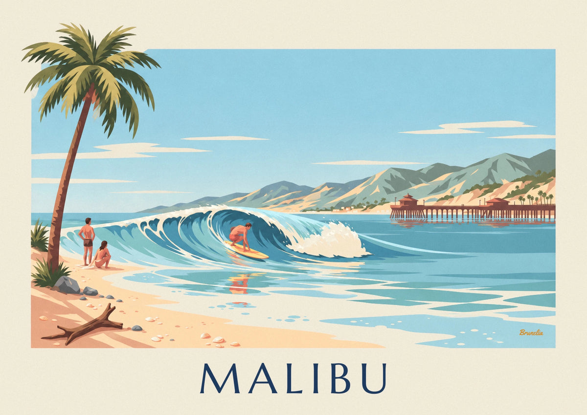 Affiche surfeur sur la vague de la pointe de Malibu