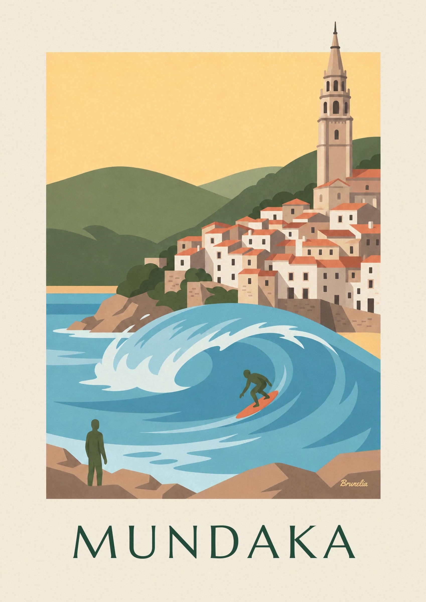 The surfer on an orange board in the hollow of a wave with blue curves